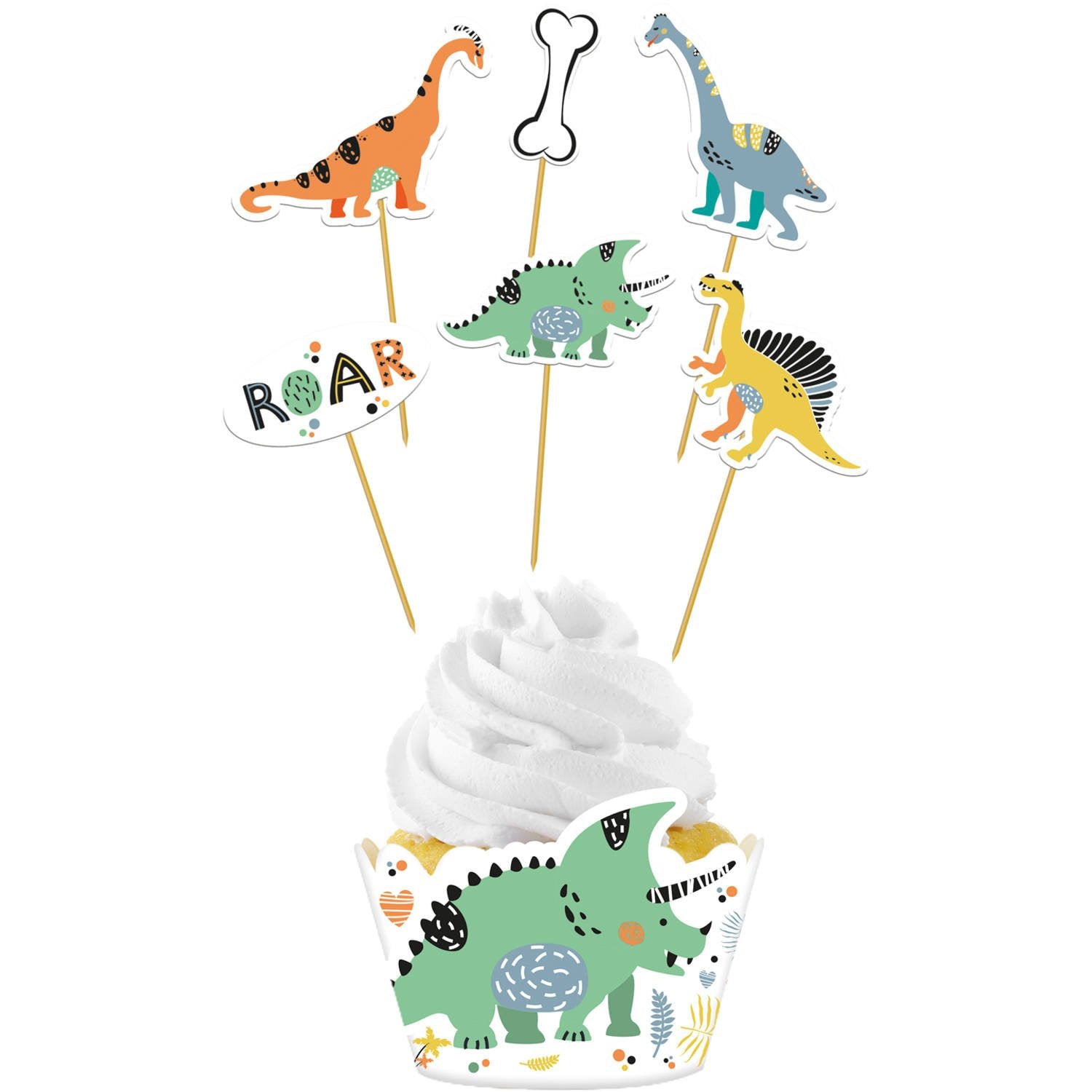 6 decorazioni per cupcake a tema dinosauri e 6 involucri