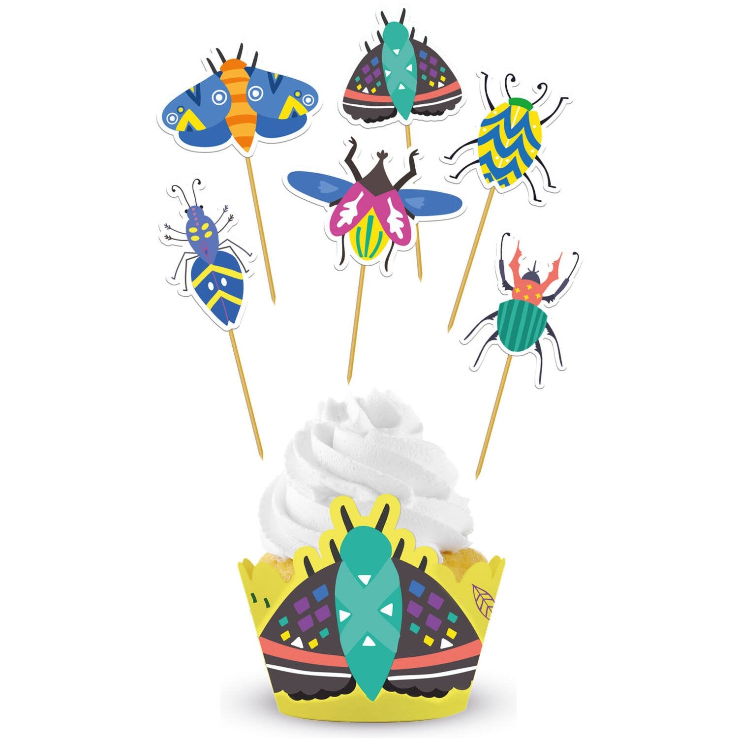 12 decorazioni per cupcake a forma di insetto con involucri