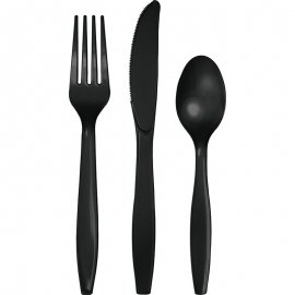 ENSEMBLE DE 18 COUVERTS EN PLASTIQUE DE QUALITÉ SUPÉRIEURE, VELOURS NOIR