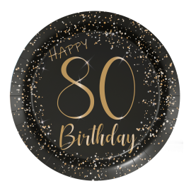 8 assiettes noires élégantes pour le 80e anniversaire, 18 cm