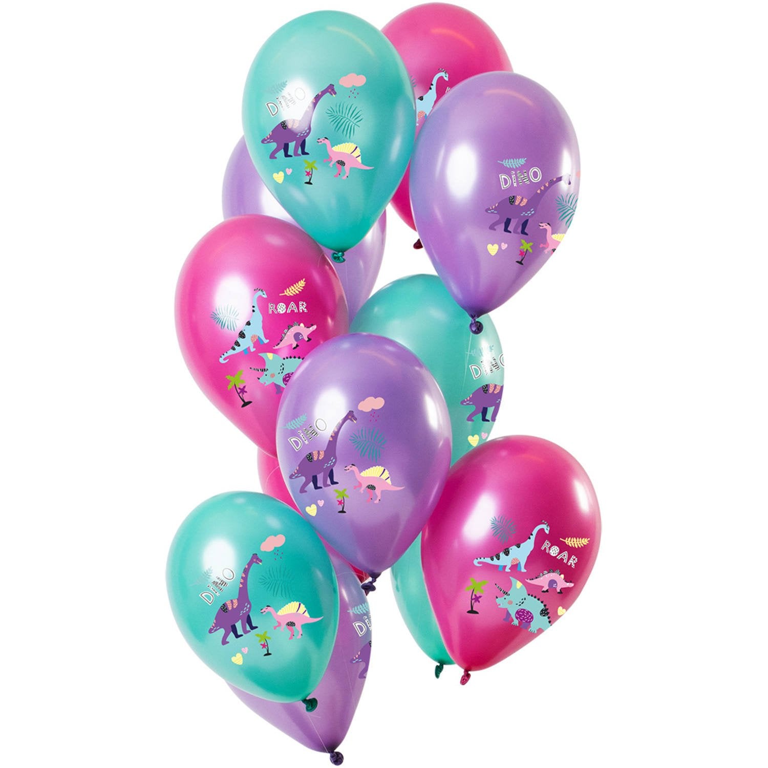 Mazzo di 12 palloncini rosa a forma di dinosauro (30 cm)