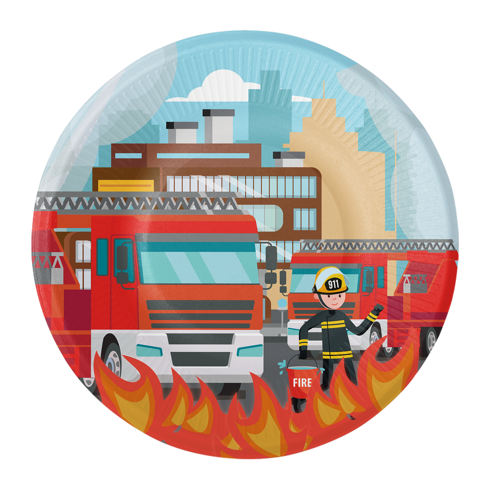 8 PIATTI 18 CM CAMION DEI POMPIERI IN FIAMME